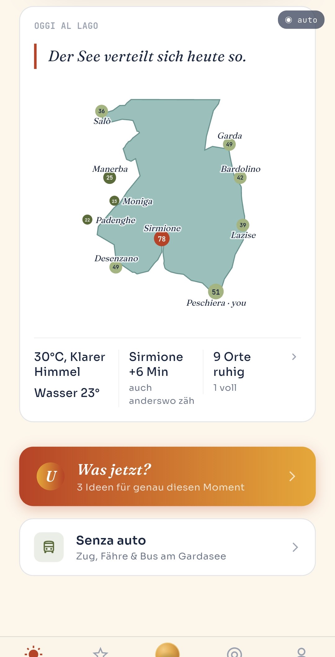 Unica Benaco — wie sich der See heute verteilt: zehn Orte auf der Karte, dazu Wetter, Wassertemperatur und Verkehr